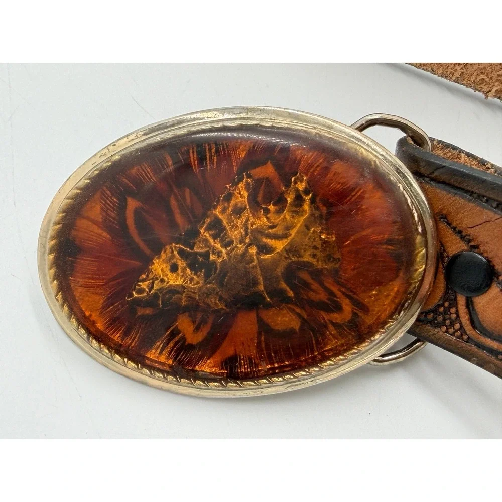 Beaver Buckle Co Belt Brown Tooled Leather Floral Arrowhead Buckle 38